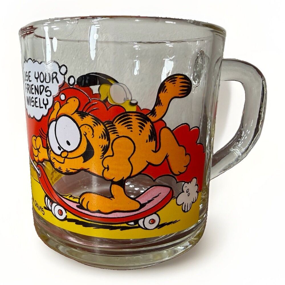 Garfield Mug Drinking Glass 1978 USA McDonald's Jim Davis Odie Skateboard